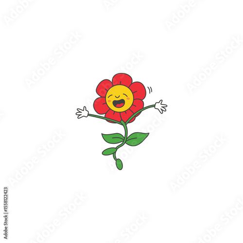 An icon of a red flower character with a happy face and outstretched arms, depicted as if jumping, symbolizing exuberance, excitement, and energy.