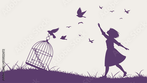 Silhouette of a girl releasing birds from a cage into the sky on a grassy hill in a monochromatic scene