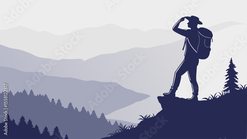 Silhouette of a hiker with backpack standing on a cliff overlooking a mountain range in the distance