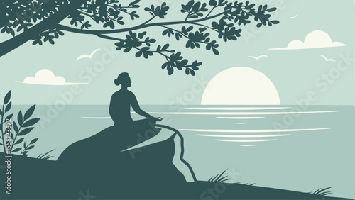 Silhouette of a woman meditating on a rock by the sea with tree branches and birds against the sun and clouds