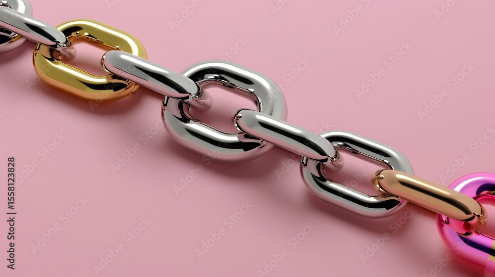 Obraz premium Metallic chain links in various colors on a soft pink background creating a modern aesthetic