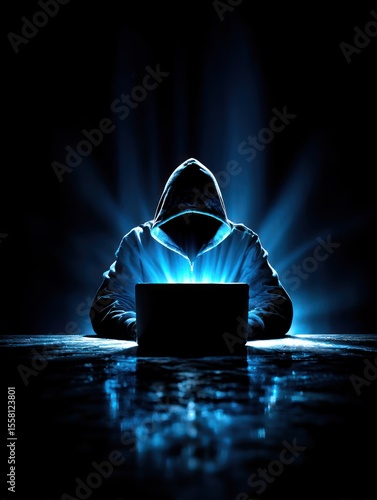 Silhouette hacker at laptop