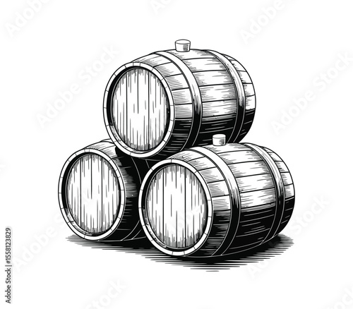 Three old wooden casks, hand drawn in sketch style. Oak barrels illustration