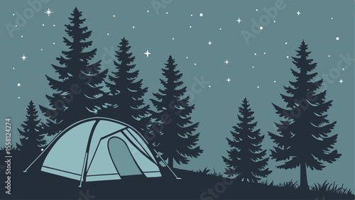 Illustration of a camping tent nestled among pine trees under a starry night sky in a serene outdoor scene