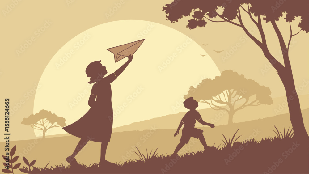 Silhouette illustration of girl holding paper airplane with boy on a hill at sunset scenery view Silhouette illustration of girl holding paper airplane with boy on a hill at sunset scenery view