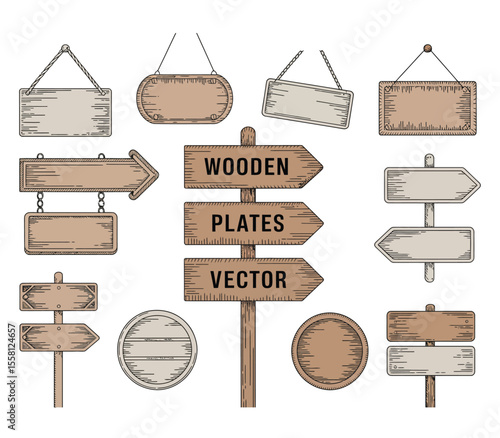 Set wooden banner, sign posts or boards. Signboard, signpost with signs indicating direction. Sketch vintage vector