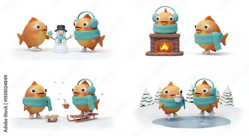 Fototapeta premium Cute fish characters enjoying winter activities