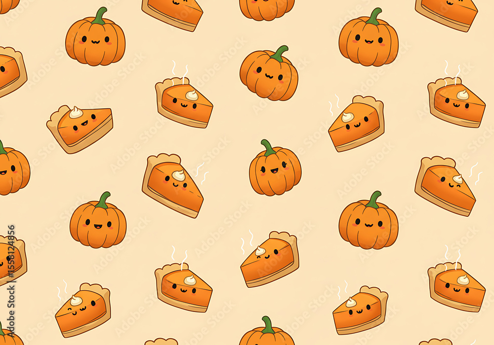 Obraz premium Seamless Pattern of Cute Cartoon Pumpkins and Pumpkin Pie Slices.