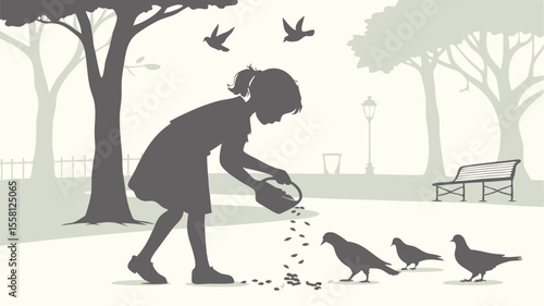 Silhouette of a girl feeding birds in a park with trees bench and street lamp on a foggy day in grayscale