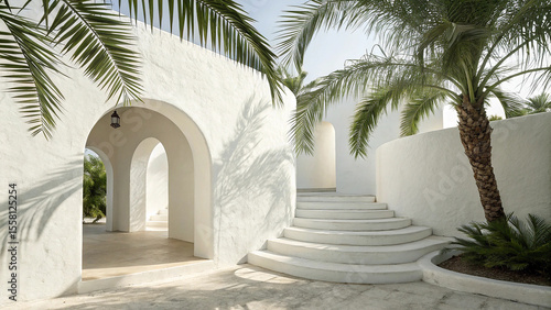 White Architecture with Palm Trees and Archways