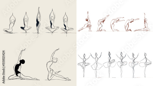 Elegant line art illustrations of women performing yoga and dance poses, expressing movement, grace, and balance in a minimalist, fluid sketch style.

