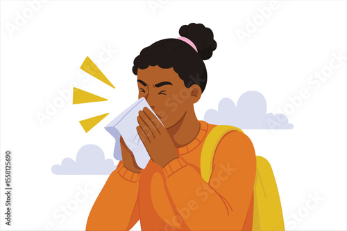 Young Woman Sneezing into Tissue – Flat Style Health and Hygiene Illustration