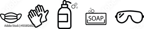 Medical mask, latex gloves, soap, dispenser, protective glasses