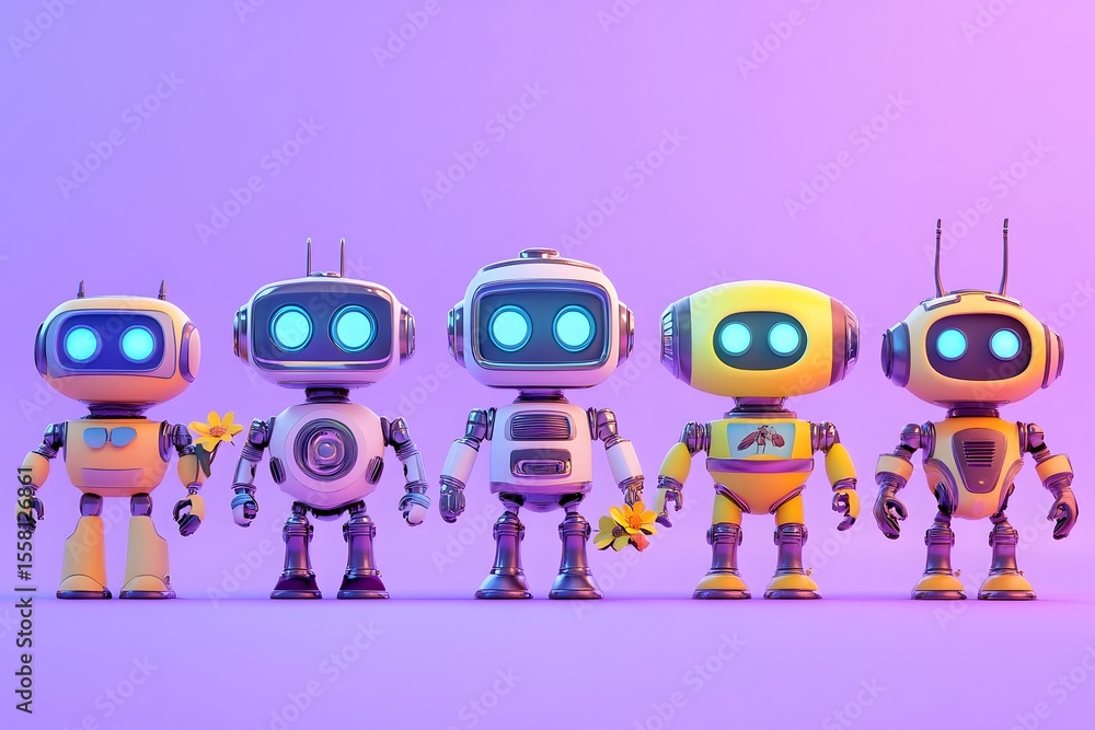 Fototapeta premium Five cute and friendly robots of different colors standing together with glowing eyes in a bright studio