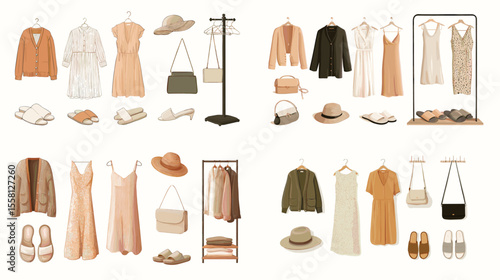 Neutral-toned capsule wardrobe collection featuring dresses, blazers, sandals, bags, and hats in a minimalist aesthetic ideal for fashion planning.

