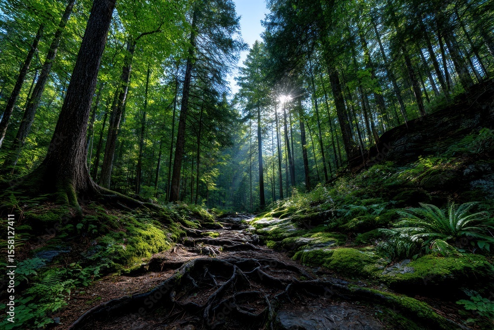 Obraz premium Sunlight filters through forest path