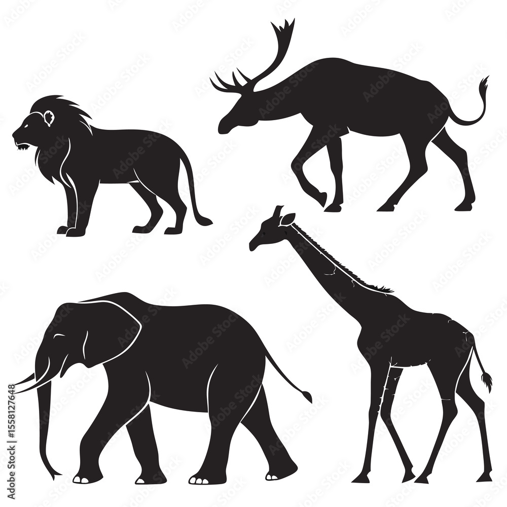 Fototapeta premium Silhouette illustration featuring a lion, moose, elephant, and giraffe in a composed arrangement drawing