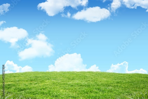Foto Flat design illustration is showing sloping green grassy hill under blue sky wit