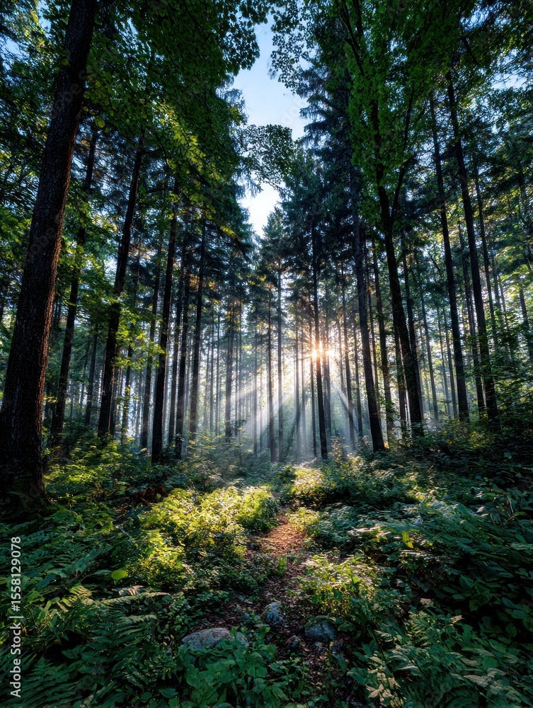 Obraz premium Sunlight streams through a misty forest (2)