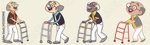 A old men walking, Cheerful senior characters using walkers vector.