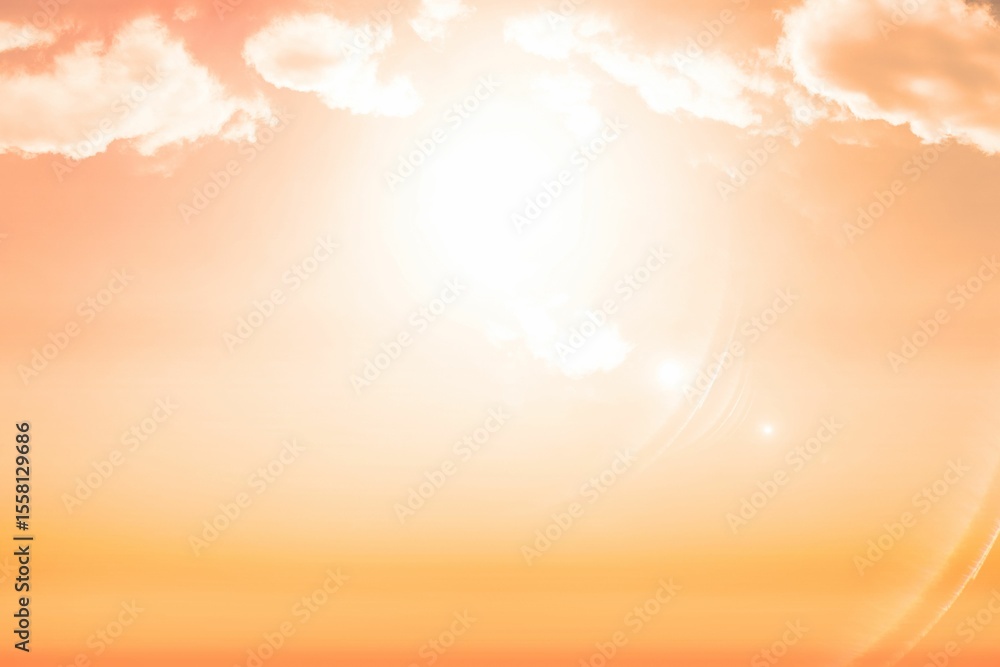 Obraz premium Bright sun disk is glowing in flat design illustration, with halos, clouds, and lens flares
