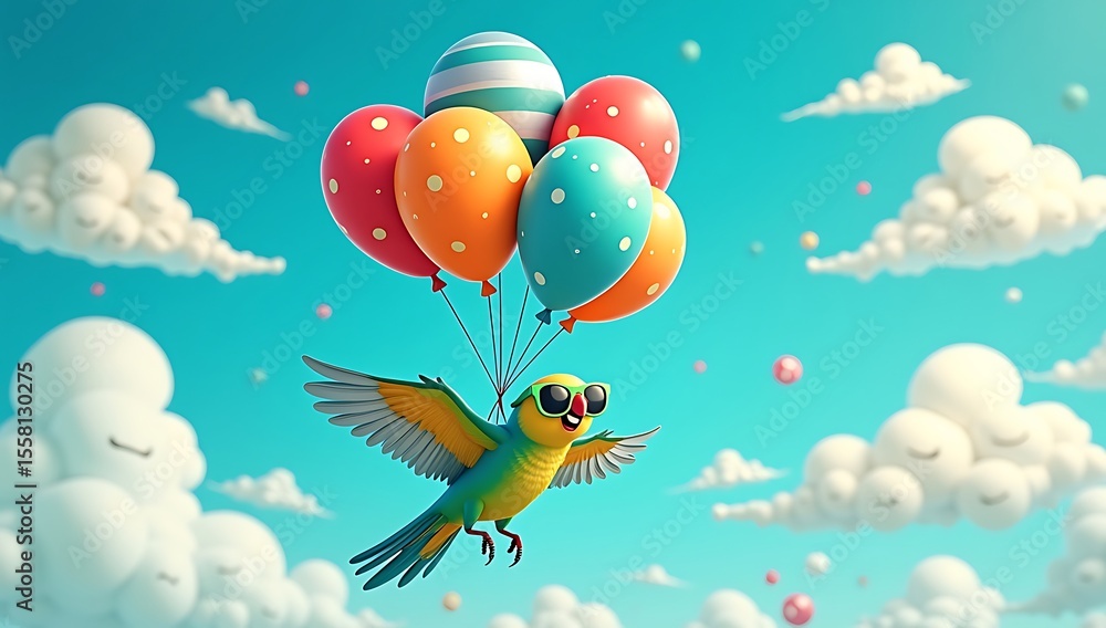 Fototapeta premium A vibrant parrot with sunglasses holding several colorful helium balloons in its beak floats mid-air with a joyful, free-spirited pose against a vivid blue sky filled with cartoon clouds.