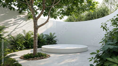 Serene Minimalist Garden with Circular White Platform