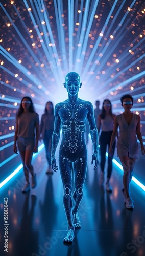 A holographic AI guide leads a group of blindfolded humans through a glowing tunnel of data streams, symbolizing trust in artificial guidance during a technological paradigm shift.