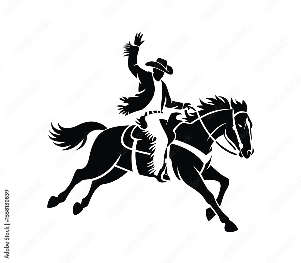 Hand drawn cowboy riding wild horse in motion during rodeo event. Competition, extreme sport emblem symbol Hand drawn cowboy riding wild horse in motion during rodeo event. Competition, extreme sport emblem symbol