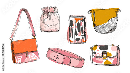 Stylish hand-drawn illustration of handbags, pouches, and belts in vibrant fashion designs—perfect for accessories, shopping, and fashion-related content.

