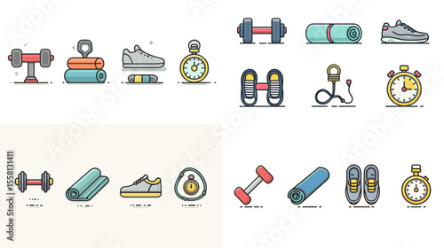 Flat vector fitness icon pack with dumbbells, yoga mats, gym shoes, and stopwatches—great for health, sports, and exercise-related applications.

