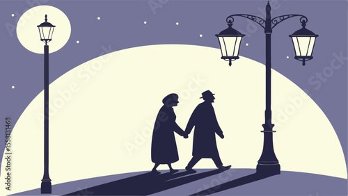 Silhouette of elderly couple holding hands walking under streetlights in a night scene illustration