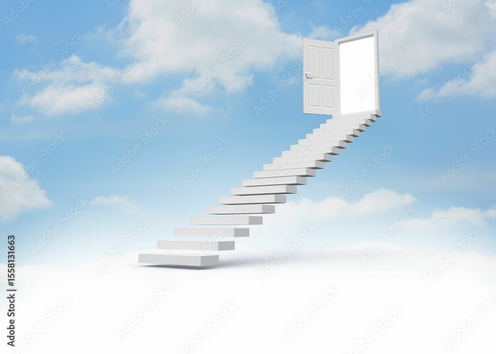 Fototapeta premium Steps leading to open door in the sky