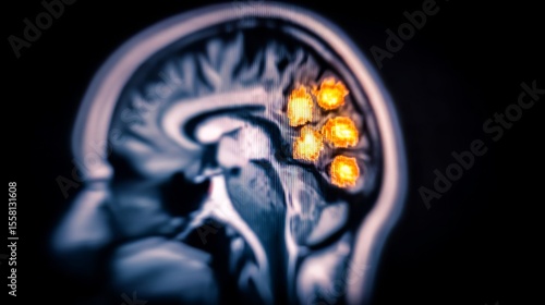 Close-up of neurological MRI scan showing white matter lesions, representing multiple sclerosis diagnosis and brain disease research, medical concept with copy space.