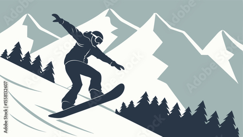 Silhouette of a snowboarder in action against a backdrop of snow covered mountains and evergreen trees