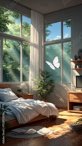 Sunny bedroom with butterfly