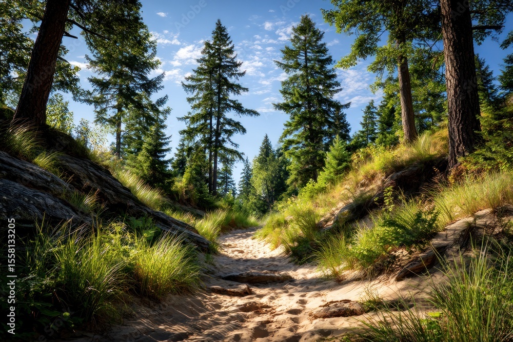Fototapeta premium Sunny forest path through sand dunes
