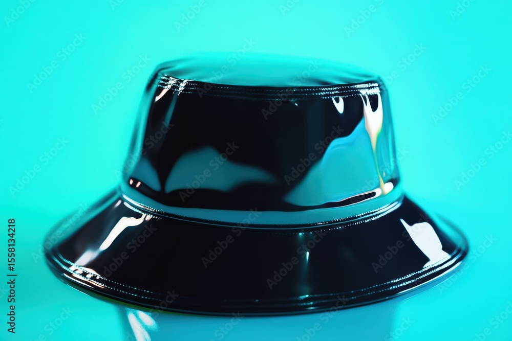 Fototapeta premium Close-up of a glossy black bucket hat.