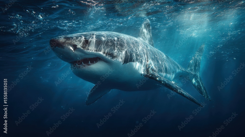 Naklejka premium A great white shark swims gracefully in the clear blue ocean, showcasing its powerful body and sharp teeth. Sunlight filters through the water, creating a stunning underwater ambiance.