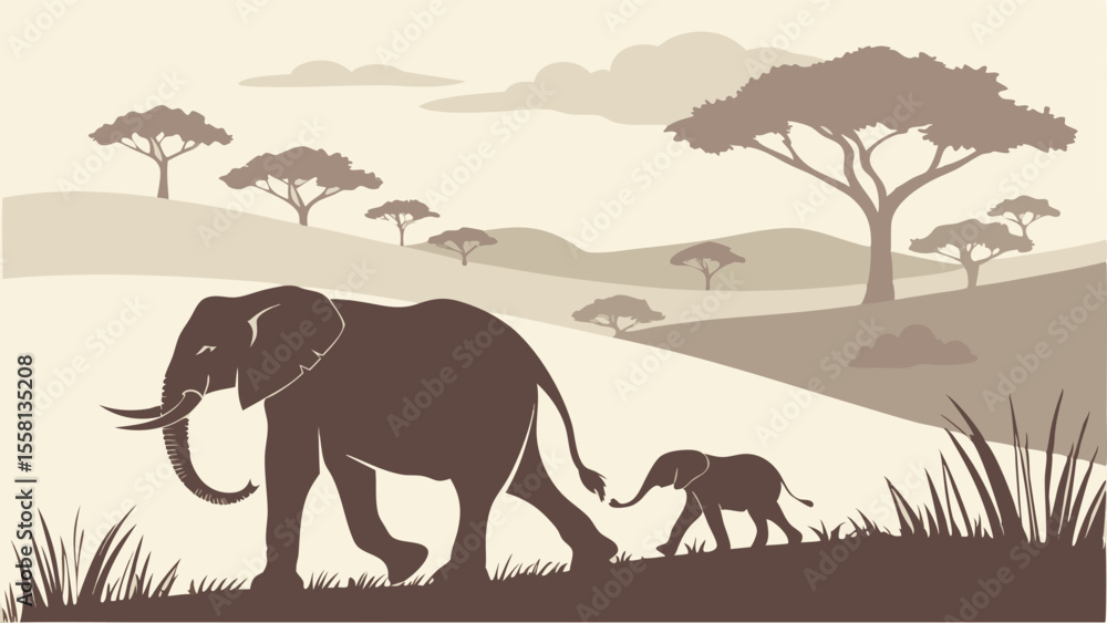 Fototapeta premium Silhouette of a mother elephant and baby walking in the savannah with trees and grass in the background