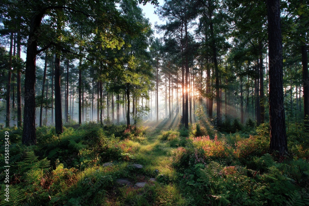 Obraz premium Sunrise in a misty forest (1)