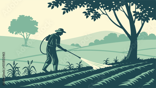 A farmer spraying crops in a field with trees and hills in the background on a sunny day with a hat on