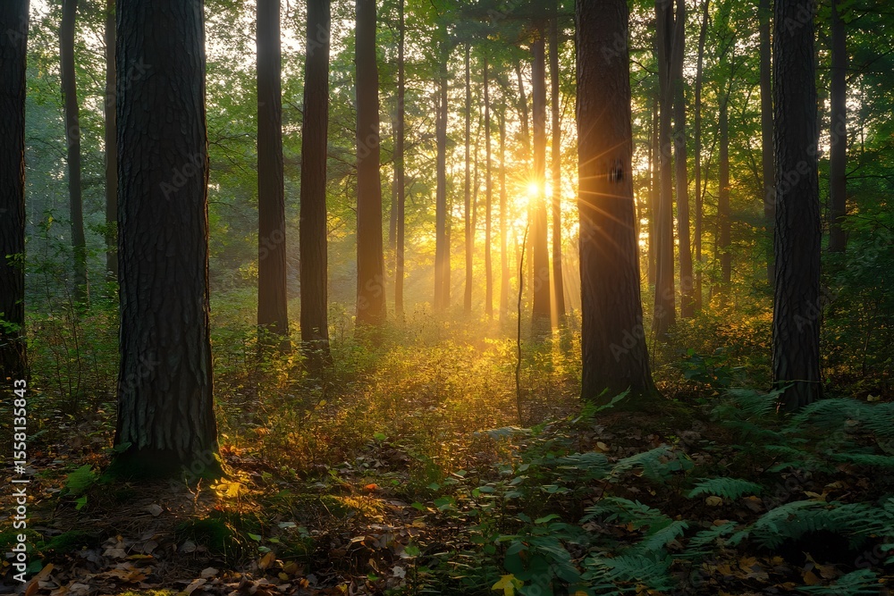 Obraz premium Golden sunlight streams through a lush green forest creating a beautiful and serene natural environment.