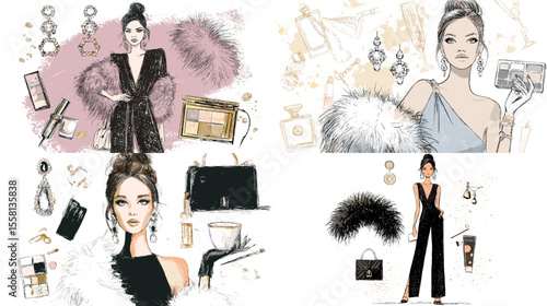 Stylish fashion beauty illustrations of glamorous women with makeup, accessories, and designer items—perfect for editorial, branding, and luxury lifestyle visuals.

