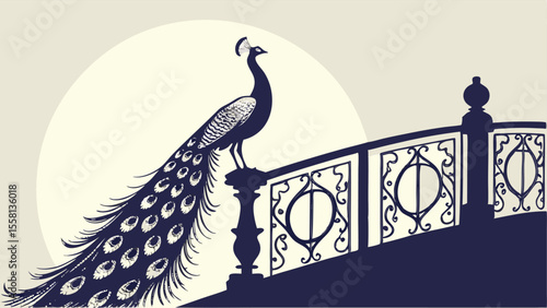Silhouette of a peacock perched on an ornate railing against a circular backdrop in monochrome style