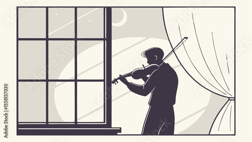 Silhouette of a violinist playing the violin by a window with curtains and a moon visible outside at night