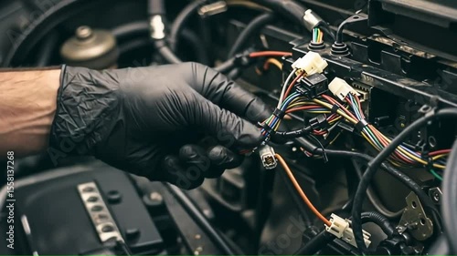 Hand in black glove working on car wiring