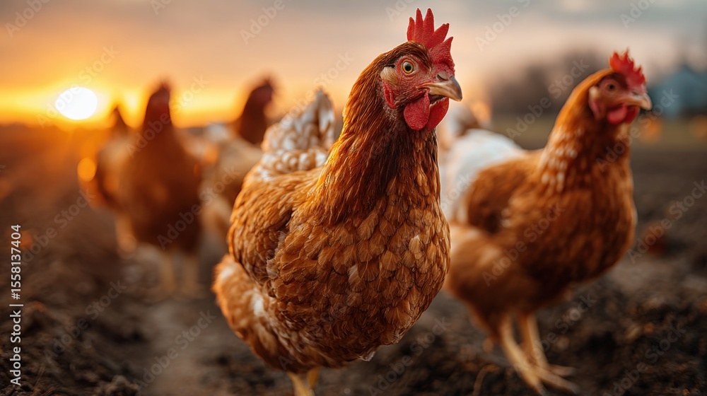 Fototapeta premium Chickens roam freely in a farm field during sunset, with warm golden light illuminating their feathers and creating a serene atmosphere in the rural setting.