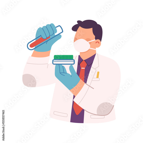 Vector illustration of male scientist wearing lab coat and protective face mask, conducting experiments on plant varieties in a high-tech laboratory setting, innovation for future farming