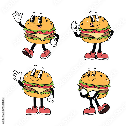 Retro Cartoon Burger Mascot Character Set